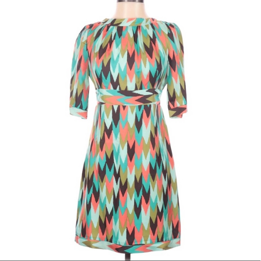 Milly of New York Silk Resort IKAT Chevron Midi Dress 2 Green Orange